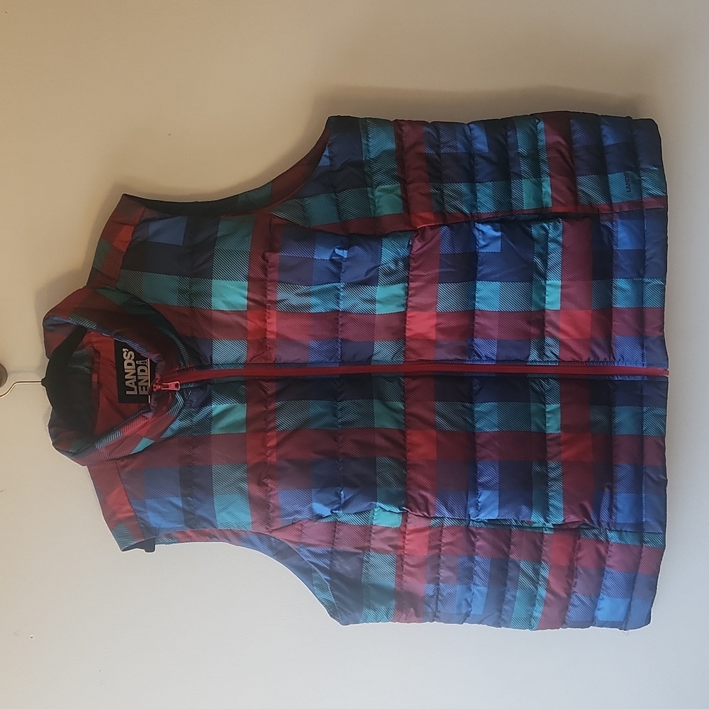 Lands End Multi Colored Plaid Down Fill Full Zip Puffer Vest Jacket, size 3x